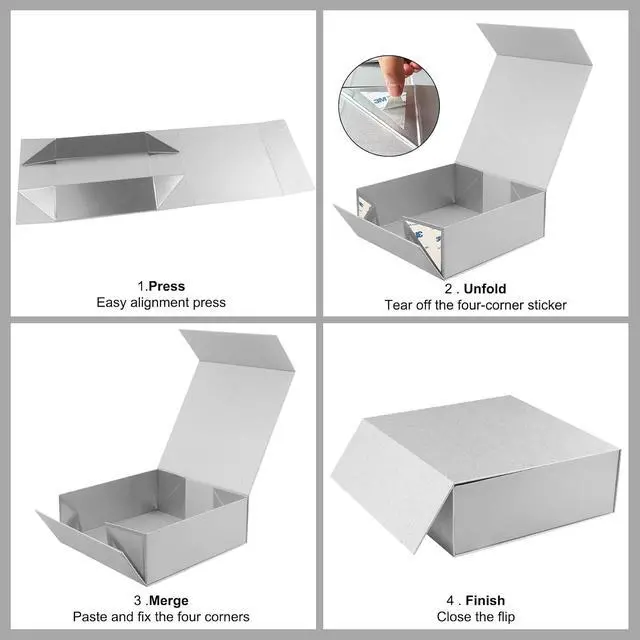 Alt view image 4 of 7 - LumyHavver Gift Box 9.65x9.65x3.6 Inches with Magnetic Lid, Silvery Collapsible Box with Ribbon, Raffia Grass, Card for Birthdays, Christmas, or Parties, Gift Packaging