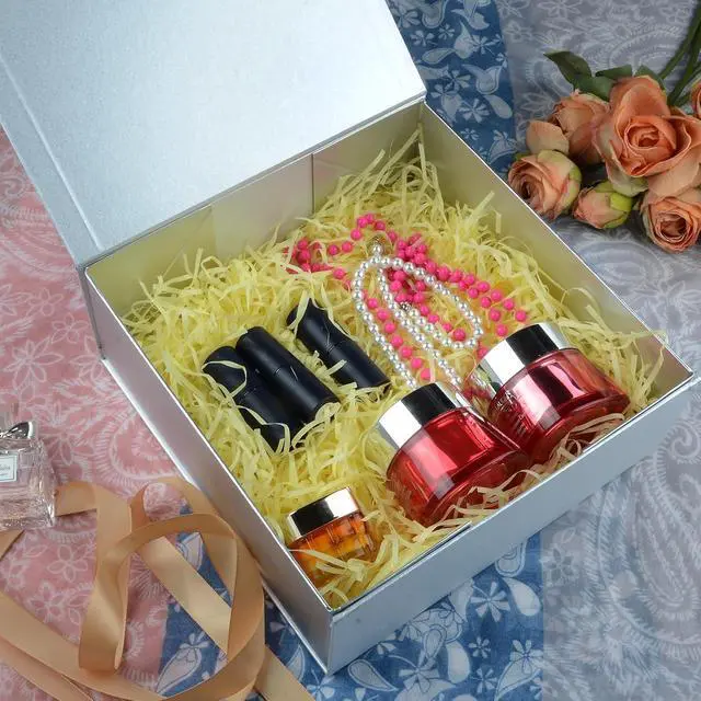 Alt view image 6 of 7 - LumyHavver Gift Box 9.65x9.65x3.6 Inches with Magnetic Lid, Silvery Collapsible Box with Ribbon, Raffia Grass, Card for Birthdays, Christmas, or Parties, Gift Packaging