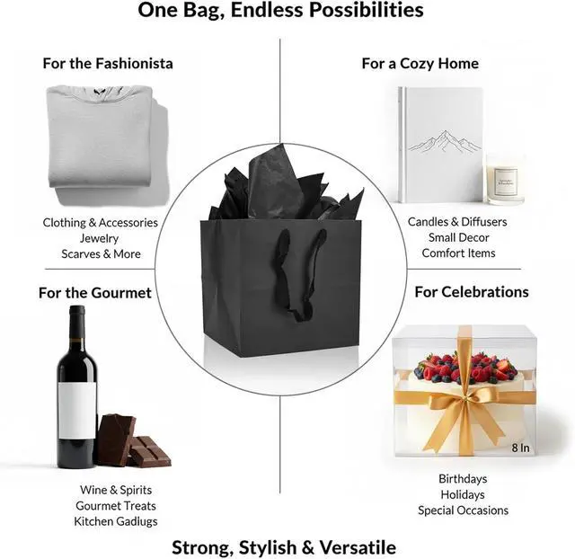 Alt view image 4 of 7 - Papertide 2 Pack Large Black Cube Gift Bags 10x10x10 inch with Tissue Paper