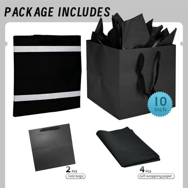 Alt view image 3 of 7 - Papertide 2 Pack Large Black Cube Gift Bags 10x10x10 inch with Tissue Paper