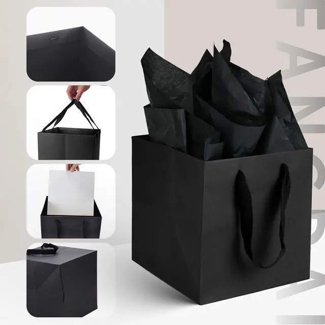 Alt view image 6 of 7 - Papertide 2 Pack Large Black Cube Gift Bags 10x10x10 inch with Tissue Paper