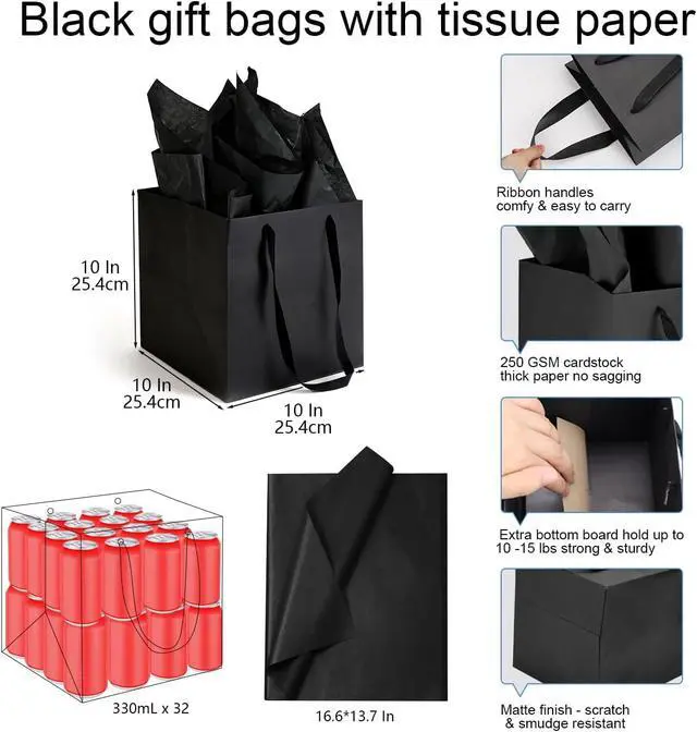 Alt view image 2 of 7 - Papertide 2 Pack Large Black Cube Gift Bags 10x10x10 inch with Tissue Paper