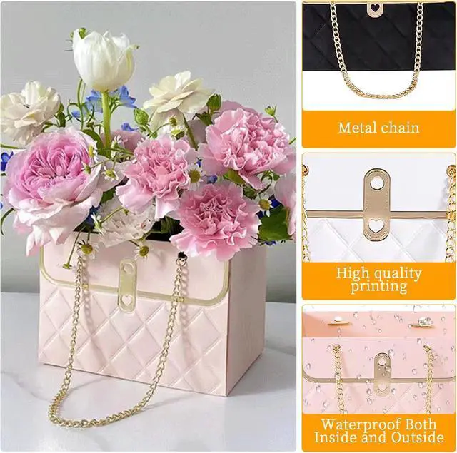 Alt view image 3 of 7 - Flower Paper Gift Box with Metal Chain 6PCS Bouquet Storage Bucket Florist Bag with Handle Gift Case for Arrangements Wedding Gift Wrap Bags Pastel Gift Bags