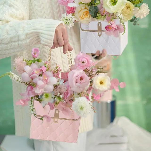 Alt view image 4 of 7 - Flower Paper Gift Box with Metal Chain 6PCS Bouquet Storage Bucket Florist Bag with Handle Gift Case for Arrangements Wedding Gift Wrap Bags Pastel Gift Bags
