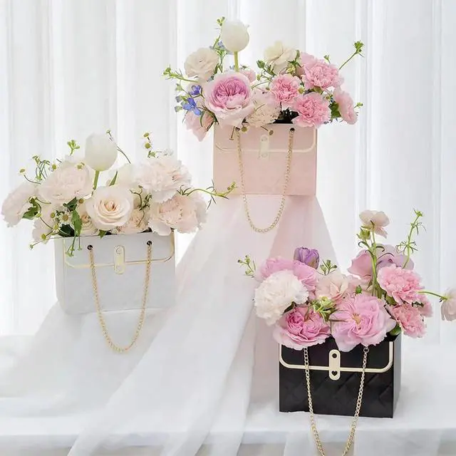 Alt view image 5 of 7 - Flower Paper Gift Box with Metal Chain 6PCS Bouquet Storage Bucket Florist Bag with Handle Gift Case for Arrangements Wedding Gift Wrap Bags Pastel Gift Bags