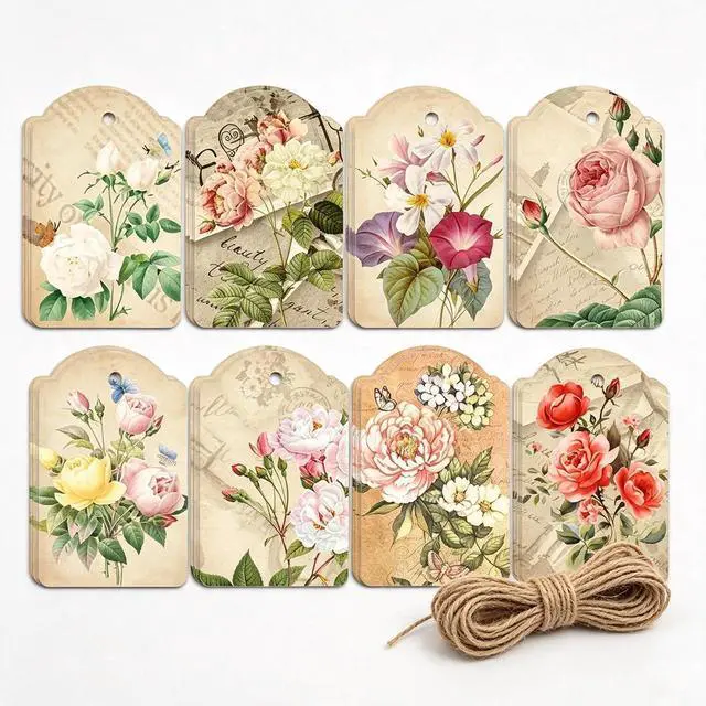 Main image of 80pcs Vintage Flower Hanging Tags Card Blank Gift Tags