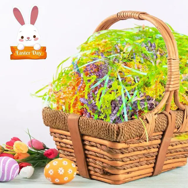 Alt view image 6 of 7 - Domkier 200g Easter Grass Easter Basket Grass Crinkle Cut Paper Easter Grass Basket Filler Recyclable Shred Filler Mix Raffia Grass for Gift Box Basket Filler Party Birthday Gift Wrapping (7oz)
