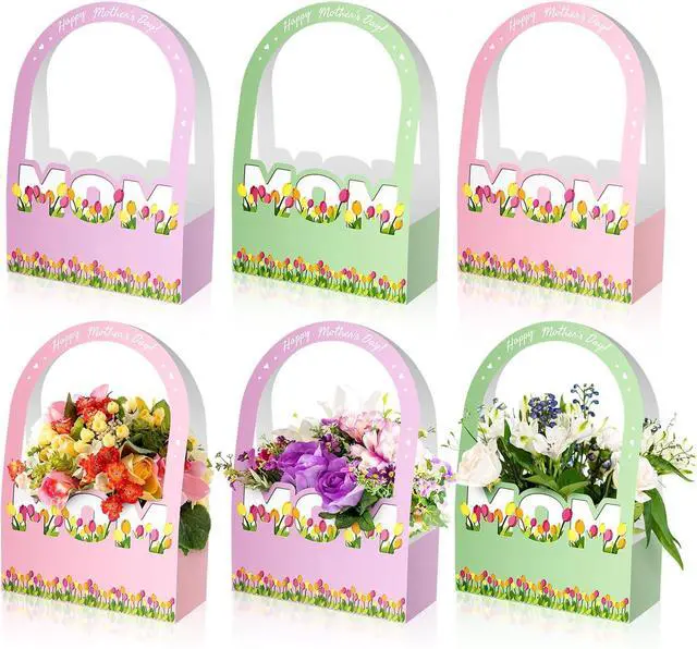 Main image of Ranfashiong 6 Pcs Mother's Day Flower Bouquet Paper Boxes Bulk with Long Handles for Florist Floral Gift Packaging for MOM (Purple Pink Green)