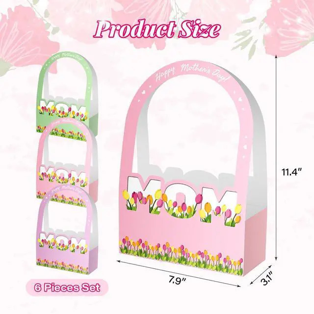Alt view image 2 of 6 - Ranfashiong 6 Pcs Mother's Day Flower Bouquet Paper Boxes Bulk with Long Handles for Florist Floral Gift Packaging for MOM (Purple Pink Green)