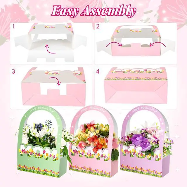 Alt view image 3 of 6 - Ranfashiong 6 Pcs Mother's Day Flower Bouquet Paper Boxes Bulk with Long Handles for Florist Floral Gift Packaging for MOM (Purple Pink Green)