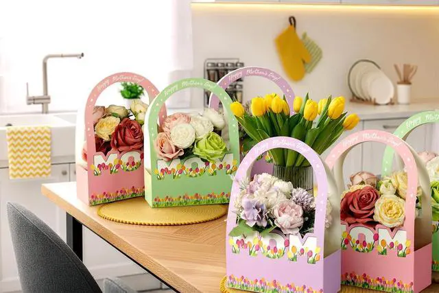 Alt view image 4 of 6 - Ranfashiong 6 Pcs Mother's Day Flower Bouquet Paper Boxes Bulk with Long Handles for Florist Floral Gift Packaging for MOM (Purple Pink Green)