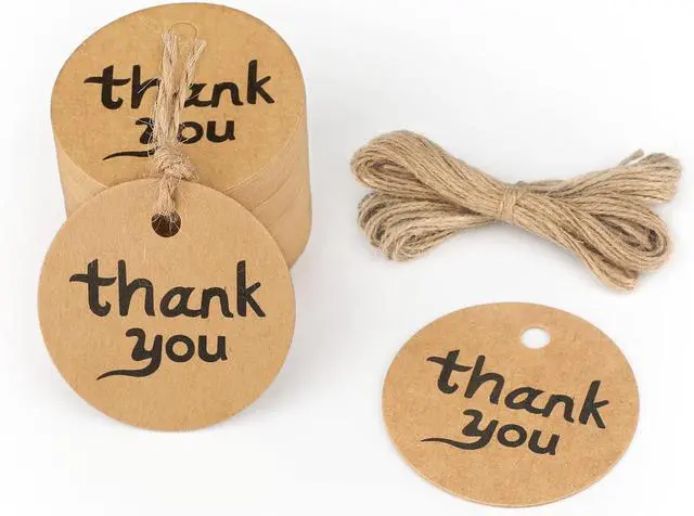 Main image of G2PLUS 100PCS Thank You Tags, 1.7 in Round Calligraphy Thank You Tags, Brown Kraft Paper Gift Tag with String for Gift Wrapping, DIY Arts & Crafts, Wedding Party Favors