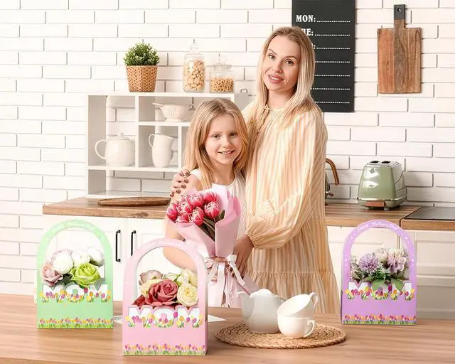 Alt view image 5 of 6 - Ranfashiong 6 Pcs Mother's Day Flower Bouquet Paper Boxes Bulk with Long Handles for Florist Floral Gift Packaging for MOM (Purple Pink Green)