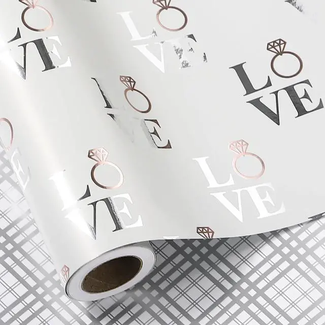 Main image of LeZakaa Reversible Wedding Wrapping Paper Roll - Love with Ring & Plaid Design Silver Foil for Wedding, Engagement, Bridal Shower, Anniversay, Valentine's Day - 17 inches x 9.8 Feet