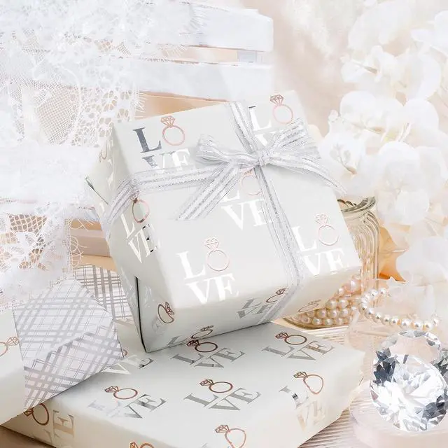 Alt view image 3 of 7 - LeZakaa Reversible Wedding Wrapping Paper Roll - Love with Ring & Plaid Design Silver Foil for Wedding, Engagement, Bridal Shower, Anniversay, Valentine's Day - 17 inches x 9.8 Feet