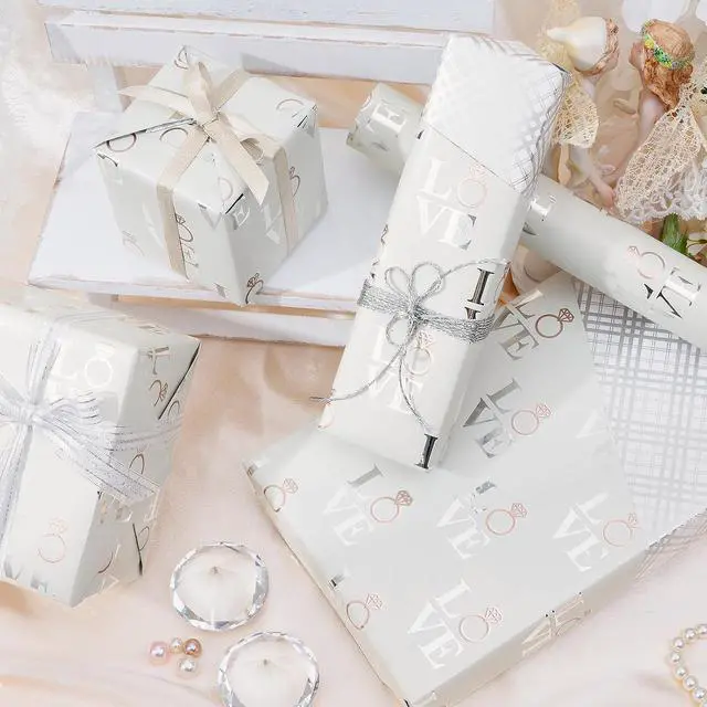 Alt view image 4 of 7 - LeZakaa Reversible Wedding Wrapping Paper Roll - Love with Ring & Plaid Design Silver Foil for Wedding, Engagement, Bridal Shower, Anniversay, Valentine's Day - 17 inches x 9.8 Feet