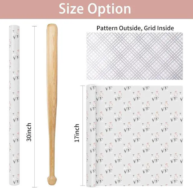 Alt view image 2 of 7 - LeZakaa Reversible Wedding Wrapping Paper Roll - Love with Ring & Plaid Design Silver Foil for Wedding, Engagement, Bridal Shower, Anniversay, Valentine's Day - 17 inches x 9.8 Feet