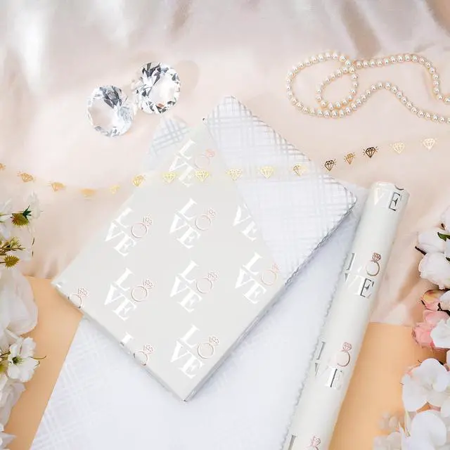 Alt view image 6 of 7 - LeZakaa Reversible Wedding Wrapping Paper Roll - Love with Ring & Plaid Design Silver Foil for Wedding, Engagement, Bridal Shower, Anniversay, Valentine's Day - 17 inches x 9.8 Feet