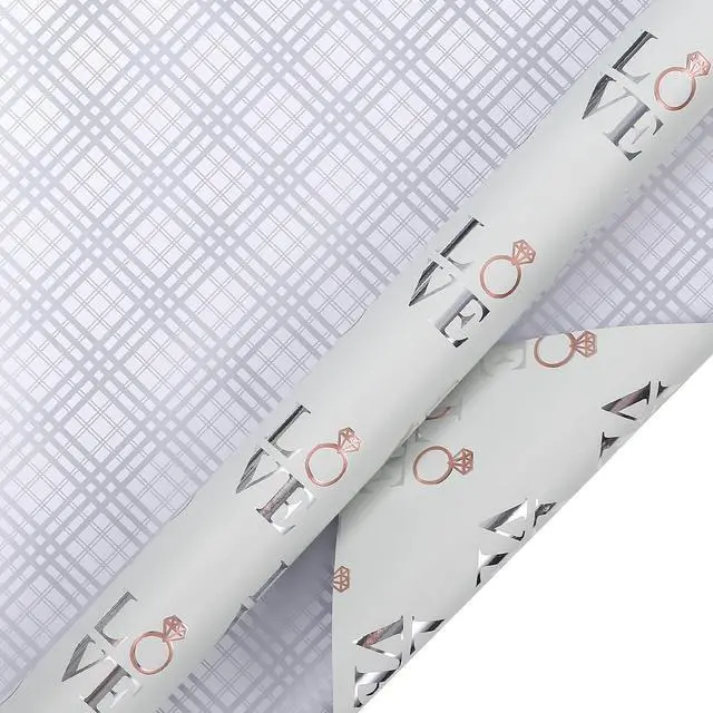 Alt view image 7 of 7 - LeZakaa Reversible Wedding Wrapping Paper Roll - Love with Ring & Plaid Design Silver Foil for Wedding, Engagement, Bridal Shower, Anniversay, Valentine's Day - 17 inches x 9.8 Feet