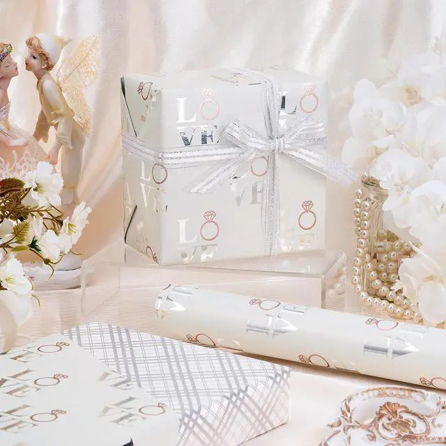 Alt view image 5 of 7 - LeZakaa Reversible Wedding Wrapping Paper Roll - Love with Ring & Plaid Design Silver Foil for Wedding, Engagement, Bridal Shower, Anniversay, Valentine's Day - 17 inches x 9.8 Feet