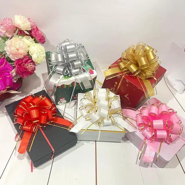 Alt view image 2 of 6 - HSXJJ Pull Bows for Gift Wrapping,6 PCS Gold Gift Bow,6 inches Bow for Gift Basket,Gift Wedding Ribbon Bows for Wrapping Boxes or Flower Decorations(Gold)