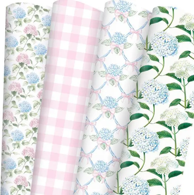 Main image of Adurself 28 x 40 In Hydrangea Wrapping Paper -Not Roll- Pink Blue Vintage Flower & Plaid Assorted Design, Folded Flat Floral Gift Wrap Paper - 6 Jumbo Sheets for Birthday Wedding Baby Shower Gifts