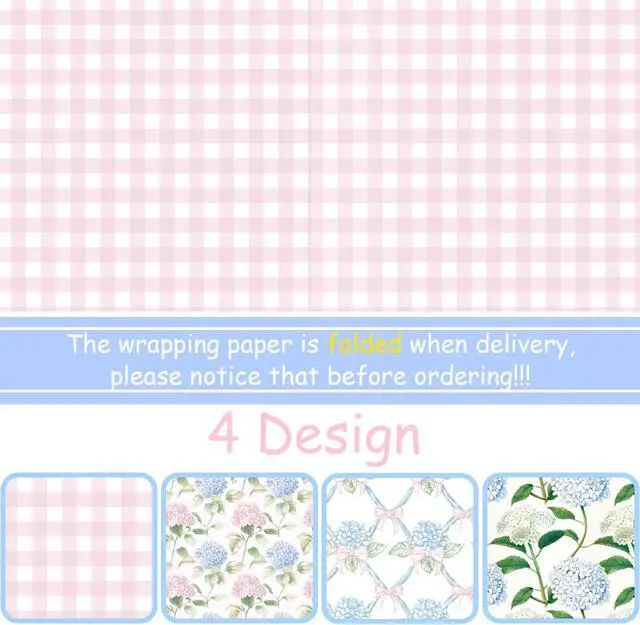 Alt view image 3 of 7 - Adurself 28 x 40 In Hydrangea Wrapping Paper -Not Roll- Pink Blue Vintage Flower & Plaid Assorted Design, Folded Flat Floral Gift Wrap Paper - 6 Jumbo Sheets for Birthday Wedding Baby Shower Gifts