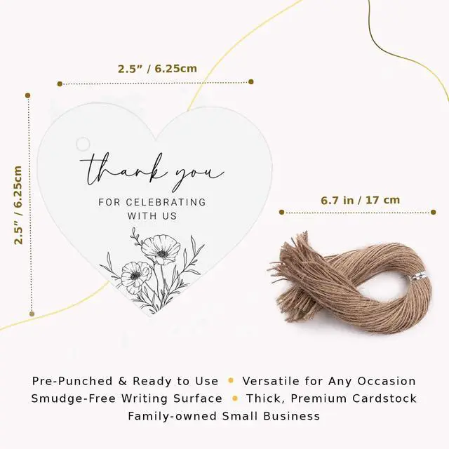 Alt view image 3 of 7 - 50 Heart Thank You Gift Tags with String Attached, Small Thank You for Celebrating with Us Gift Bag Tags for Presents and Personalized Party Favors - Baby Shower, Wedding, Bridal Shower, Birthday