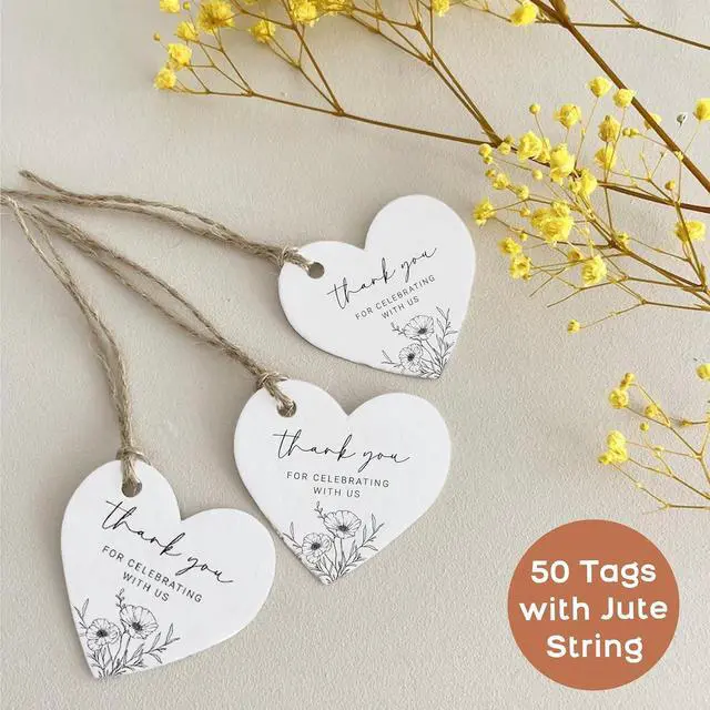 Alt view image 4 of 7 - 50 Heart Thank You Gift Tags with String Attached, Small Thank You for Celebrating with Us Gift Bag Tags for Presents and Personalized Party Favors - Baby Shower, Wedding, Bridal Shower, Birthday