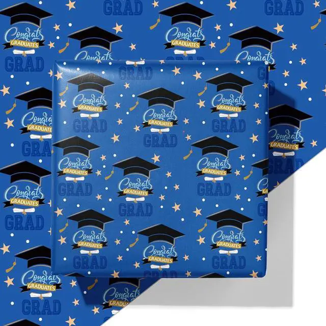 Main image of ZINTBIAL 2026 Graduation Wrapping Paper - Blue and Gold Gift Wrapping Paper With Black Mortarboard Caps,Congratulations Design Perfect for Graduation Party Celebration - 20 x 29 Inch, 6 Folded Sheets