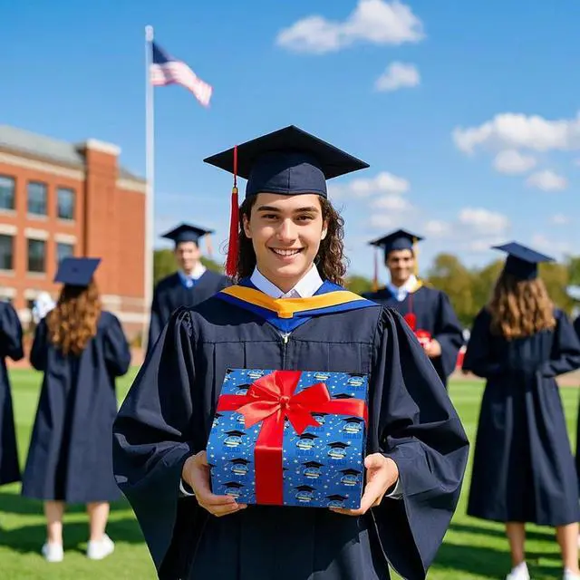 Alt view image 2 of 6 - ZINTBIAL 2026 Graduation Wrapping Paper - Blue and Gold Gift Wrapping Paper With Black Mortarboard Caps,Congratulations Design Perfect for Graduation Party Celebration - 20 x 29 Inch, 6 Folded Sheets