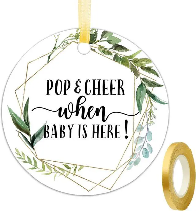 Main image of None Brand Baby Shower Tags, Mini Champagne Bottle Greenery Pop and Cheer Tags, 2 Inch, 50 Count with Golden Ribbon