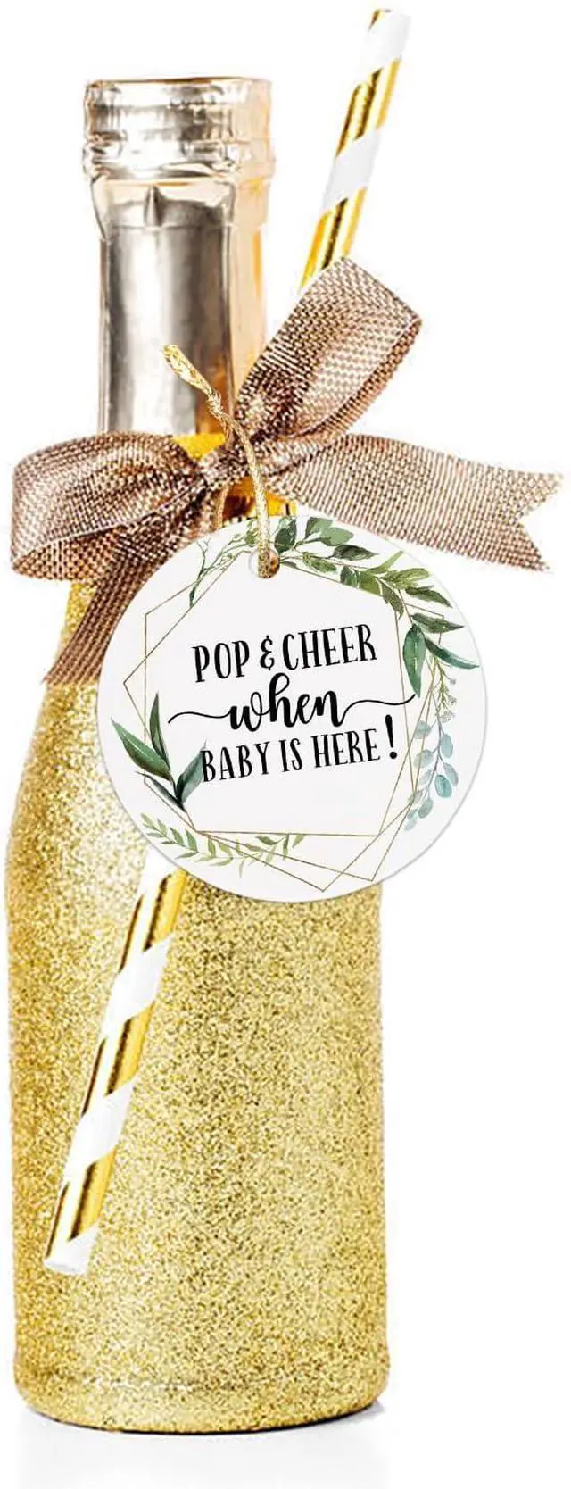 Alt view image 2 of 7 - None Brand Baby Shower Tags, Mini Champagne Bottle Greenery Pop and Cheer Tags, 2 Inch, 50 Count with Golden Ribbon