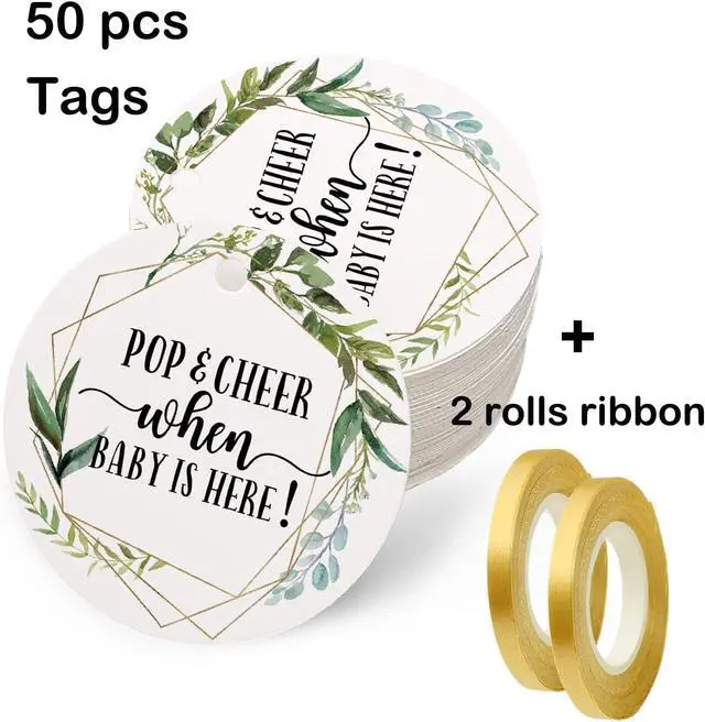Alt view image 3 of 7 - None Brand Baby Shower Tags, Mini Champagne Bottle Greenery Pop and Cheer Tags, 2 Inch, 50 Count with Golden Ribbon