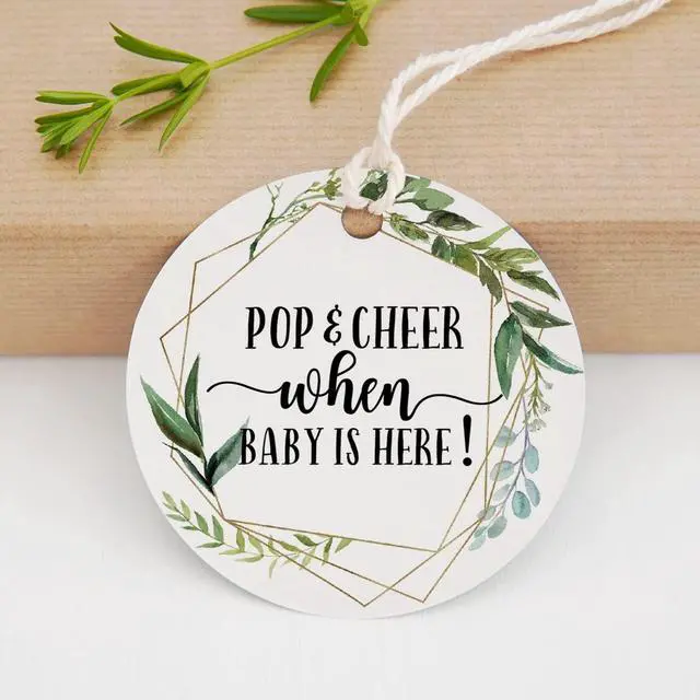 Alt view image 6 of 7 - None Brand Baby Shower Tags, Mini Champagne Bottle Greenery Pop and Cheer Tags, 2 Inch, 50 Count with Golden Ribbon