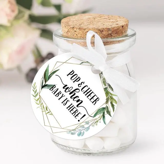 Alt view image 5 of 7 - None Brand Baby Shower Tags, Mini Champagne Bottle Greenery Pop and Cheer Tags, 2 Inch, 50 Count with Golden Ribbon