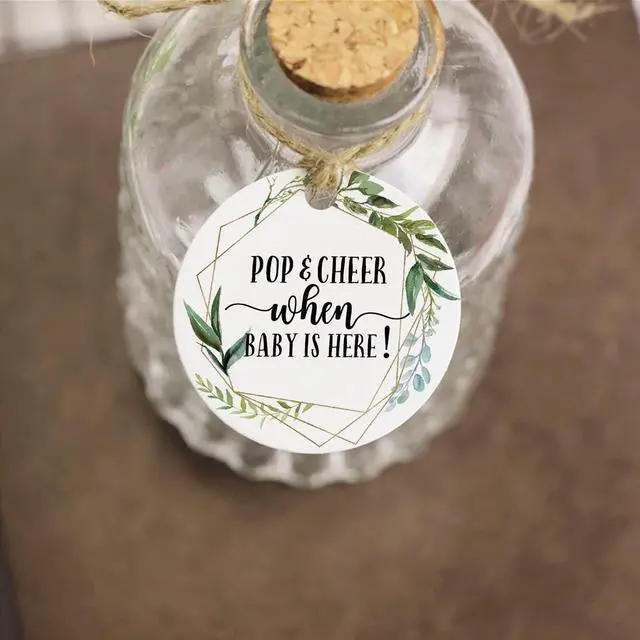 Alt view image 7 of 7 - None Brand Baby Shower Tags, Mini Champagne Bottle Greenery Pop and Cheer Tags, 2 Inch, 50 Count with Golden Ribbon