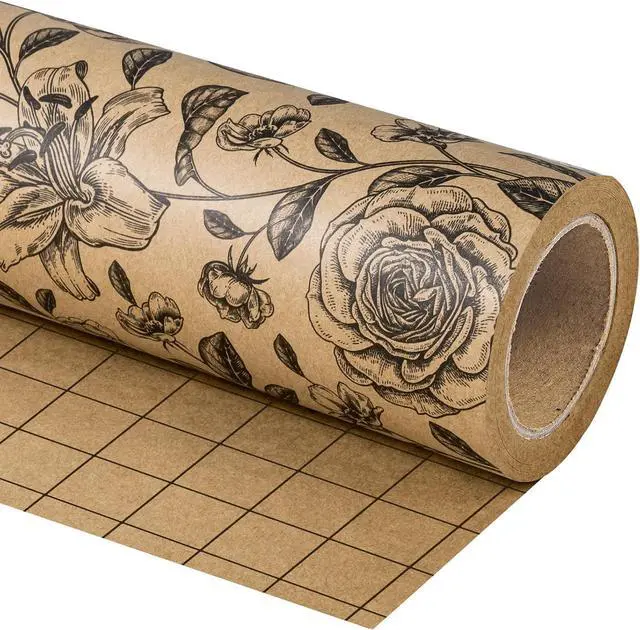 Main image of WRAPAHOLIC Kraft Floral Wrapping Paper Roll - Mini Roll - 17 Inch x 9.8 Feet - Vintage Black Flower Wrapping Paper for Birthday, Bridal Shower, Wedding, Baby Shower