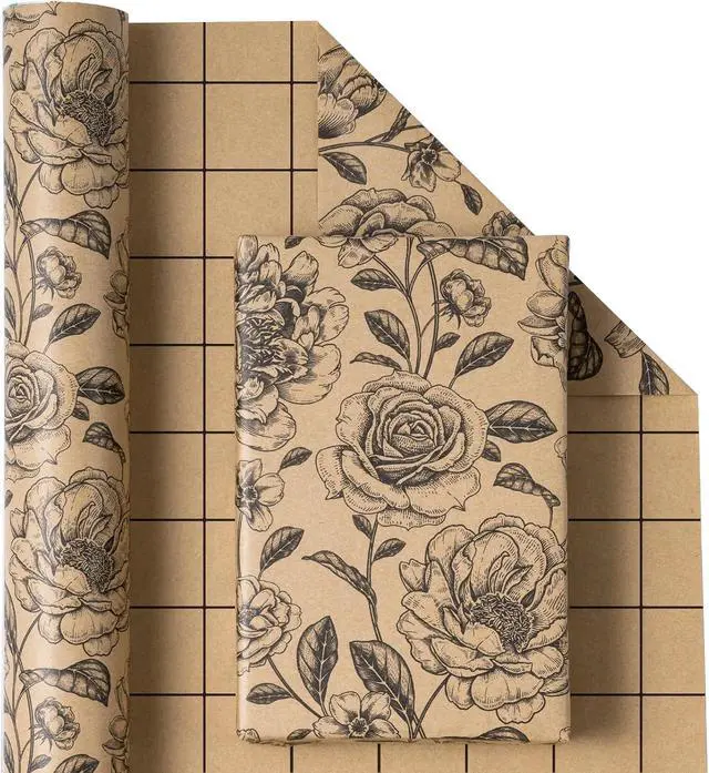 Alt view image 2 of 7 - WRAPAHOLIC Kraft Floral Wrapping Paper Roll - Mini Roll - 17 Inch x 9.8 Feet - Vintage Black Flower Wrapping Paper for Birthday, Bridal Shower, Wedding, Baby Shower