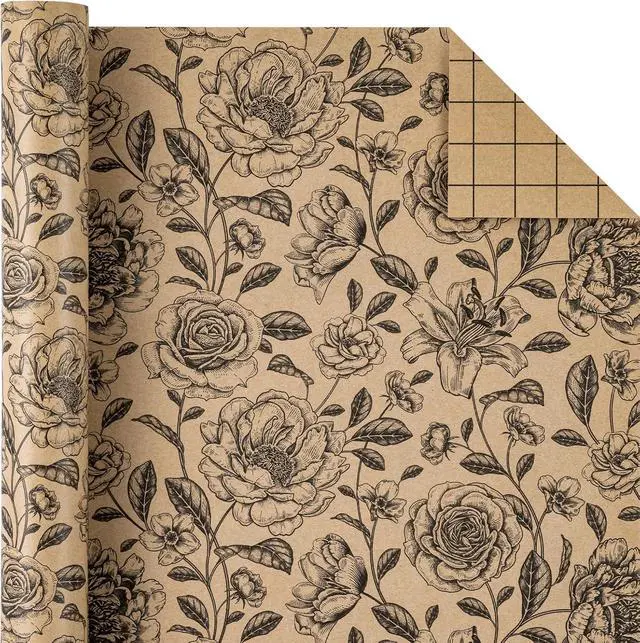Alt view image 3 of 7 - WRAPAHOLIC Kraft Floral Wrapping Paper Roll - Mini Roll - 17 Inch x 9.8 Feet - Vintage Black Flower Wrapping Paper for Birthday, Bridal Shower, Wedding, Baby Shower