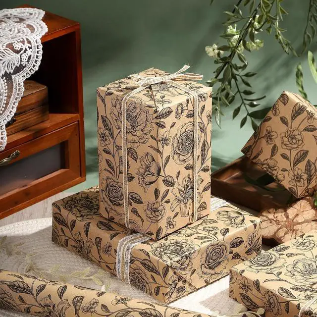 Alt view image 4 of 7 - WRAPAHOLIC Kraft Floral Wrapping Paper Roll - Mini Roll - 17 Inch x 9.8 Feet - Vintage Black Flower Wrapping Paper for Birthday, Bridal Shower, Wedding, Baby Shower