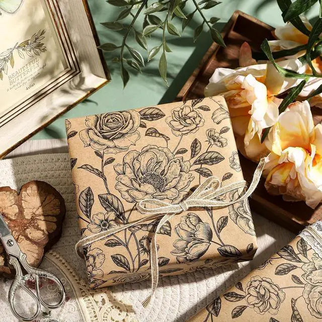 Alt view image 6 of 7 - WRAPAHOLIC Kraft Floral Wrapping Paper Roll - Mini Roll - 17 Inch x 9.8 Feet - Vintage Black Flower Wrapping Paper for Birthday, Bridal Shower, Wedding, Baby Shower