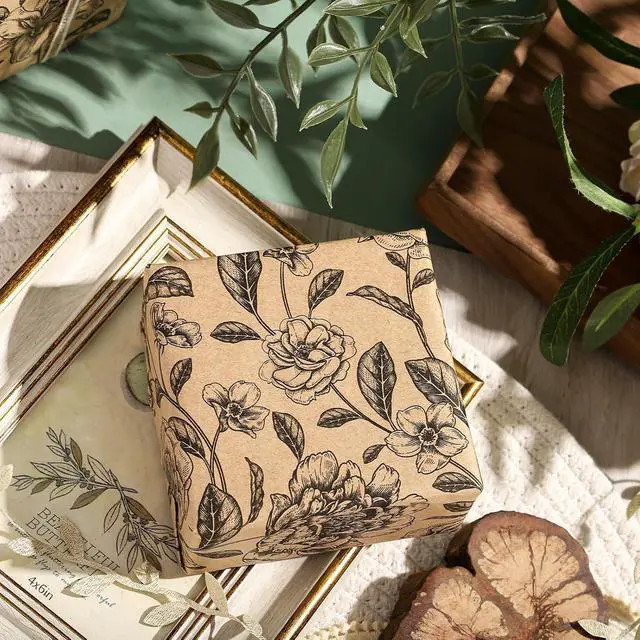 Alt view image 7 of 7 - WRAPAHOLIC Kraft Floral Wrapping Paper Roll - Mini Roll - 17 Inch x 9.8 Feet - Vintage Black Flower Wrapping Paper for Birthday, Bridal Shower, Wedding, Baby Shower