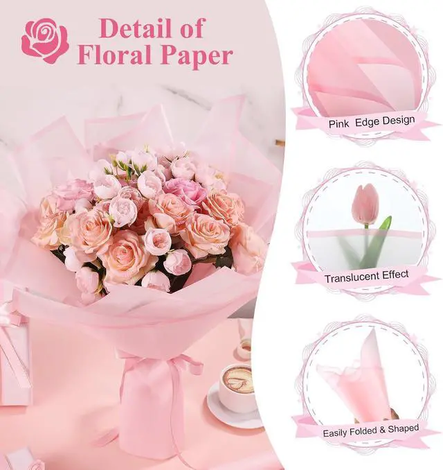 Alt view image 4 of 7 - woric 25 Sheets Pink Floral Wrapping Paper,Waterproof Translucent