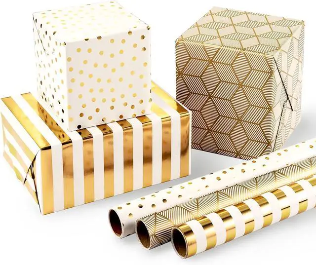 Main image of MAYPLUSS Birthday Wrapping Paper, 17 in x 120in Per roll, Gold Gift Wrap