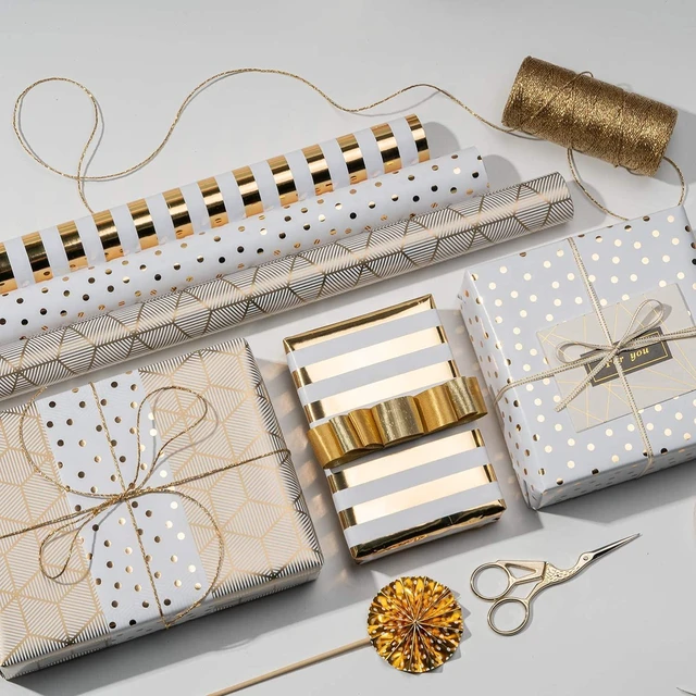 Alt view image 4 of 7 - MAYPLUSS Birthday Wrapping Paper, 17 in x 120in Per roll, Gold Gift Wrap