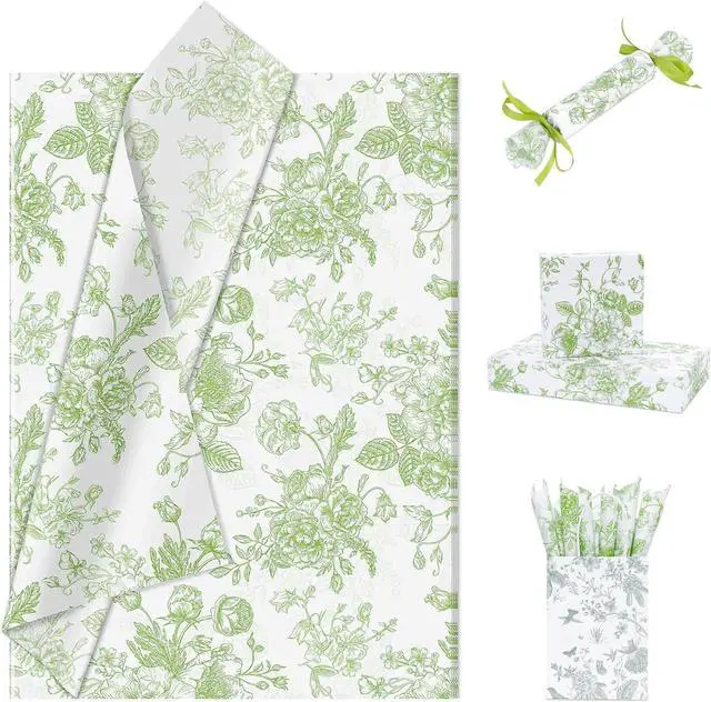Main image of Larcenciel Elegant Floral Tissue Paper for Gift Bags, Sage Green Flower Gift Wrapping Tissue Paper, Pretty Botanical Packing Supplies for Wedding Gifts, Birthday Presents & Crafts, 20x14 in 30 Sheets