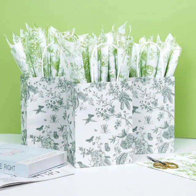 Alt view image 2 of 7 - Larcenciel Elegant Floral Tissue Paper for Gift Bags, Sage Green Flower Gift Wrapping Tissue Paper, Pretty Botanical Packing Supplies for Wedding Gifts, Birthday Presents & Crafts, 20x14 in 30 Sheets