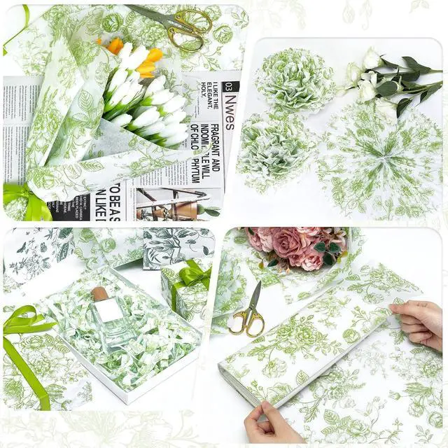 Alt view image 4 of 7 - Larcenciel Elegant Floral Tissue Paper for Gift Bags, Sage Green Flower Gift Wrapping Tissue Paper, Pretty Botanical Packing Supplies for Wedding Gifts, Birthday Presents & Crafts, 20x14 in 30 Sheets