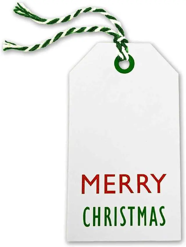 Main image of K-Kraft Green Tags for Gift Wrapping and Labeling (Xmas on White Kraft 25 PCS) with Pre-Strung Holiday Bakers Twine